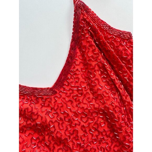 Vintage 90's OLEG CASSINI BLACK TIE Red Silk Beaded Mini Cocktail Dress, Size XS - Picture 8 of 15